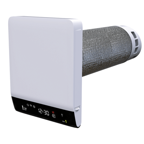 Рекуператор VENTS Breezy 160-E вигляд збоку, повітропровід 160 мм, білий корпус із дисплеєм і панеллю керування