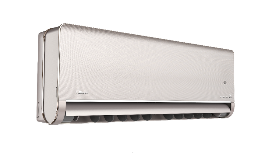 Внутрішній блок Midea PENROSE MSXT-18HRFN8 Gold, вигляд під кутом з відкритими жалюзі та напрямком повітря
