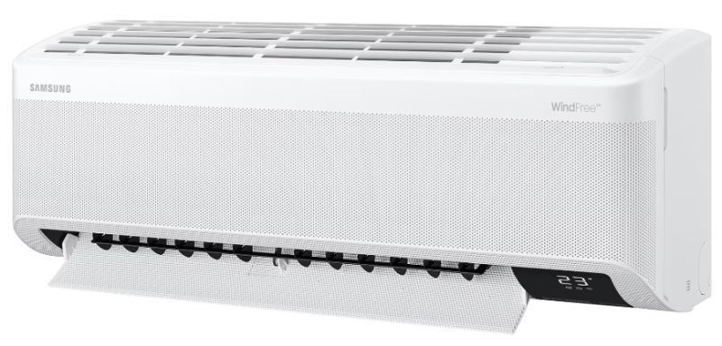 Внутрішній блок Samsung WindFree Airise AR18BXHCNWKNUA &mdash; вигляд під кутом, панель WindFree та жалюзі